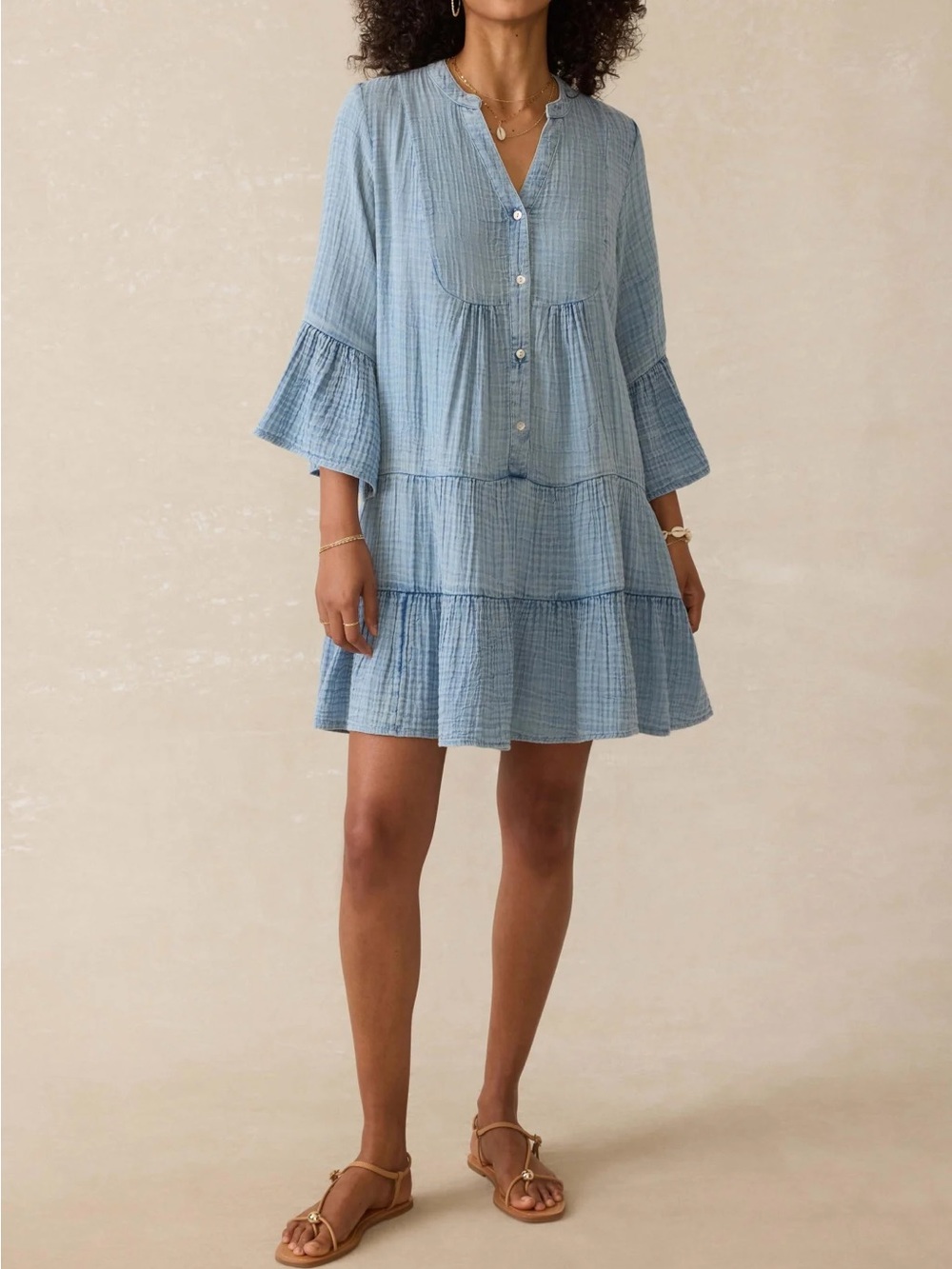 Faherty Dune Cotton Gauze Kasey Dress Light Indigo Wash Coastal Vacation.    18